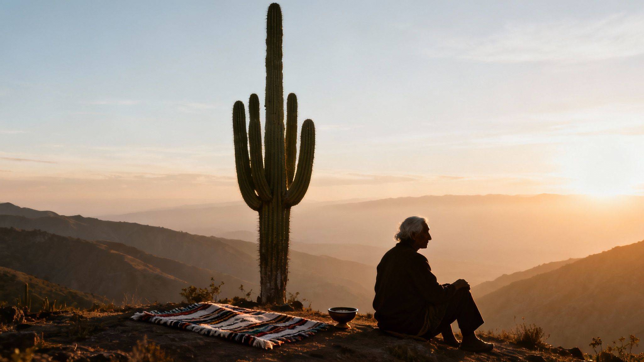 Person watches desert sunrise with a tall saguaro cactus, blanket, and bowl.