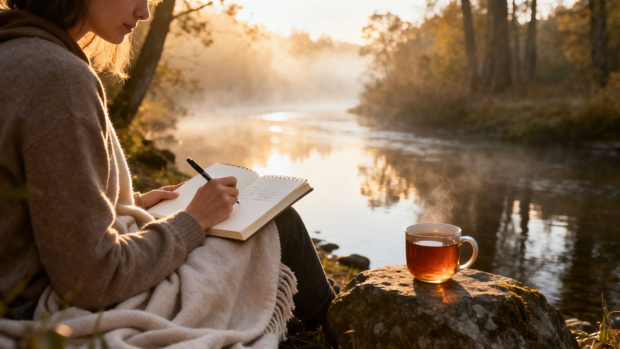 A person writes in a journal by a misty river with a steaming cup of tea at sunrise.