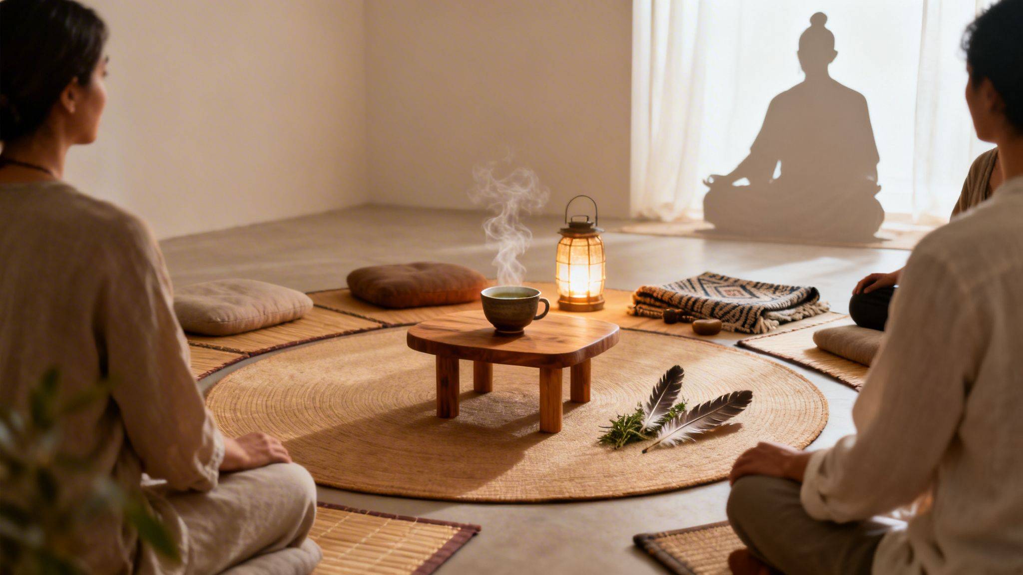 People meditating in a serene room with a steaming cup of tea, a lantern, and feathers.