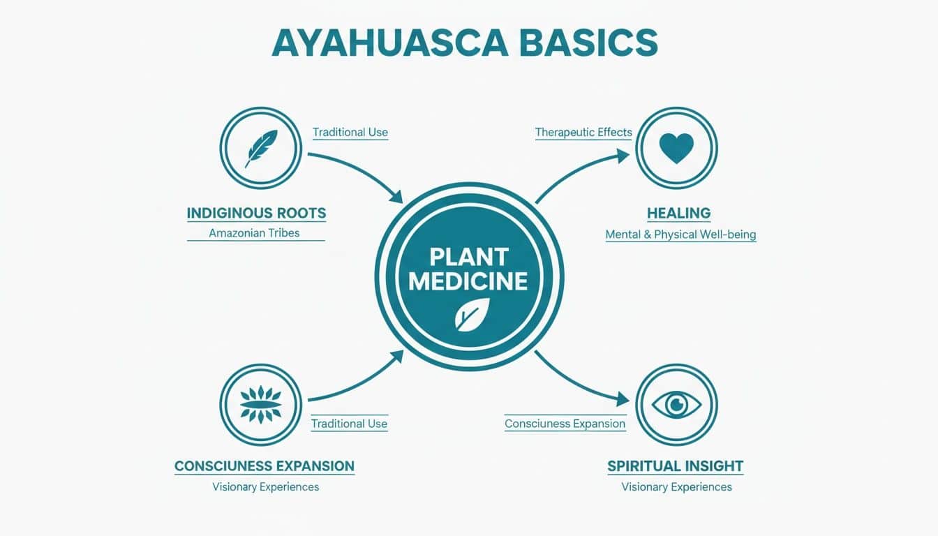 Diagram illustrating Ayahuasca basics, its indigenous roots, healing effects, consciousness expansion, and spiritual insights.