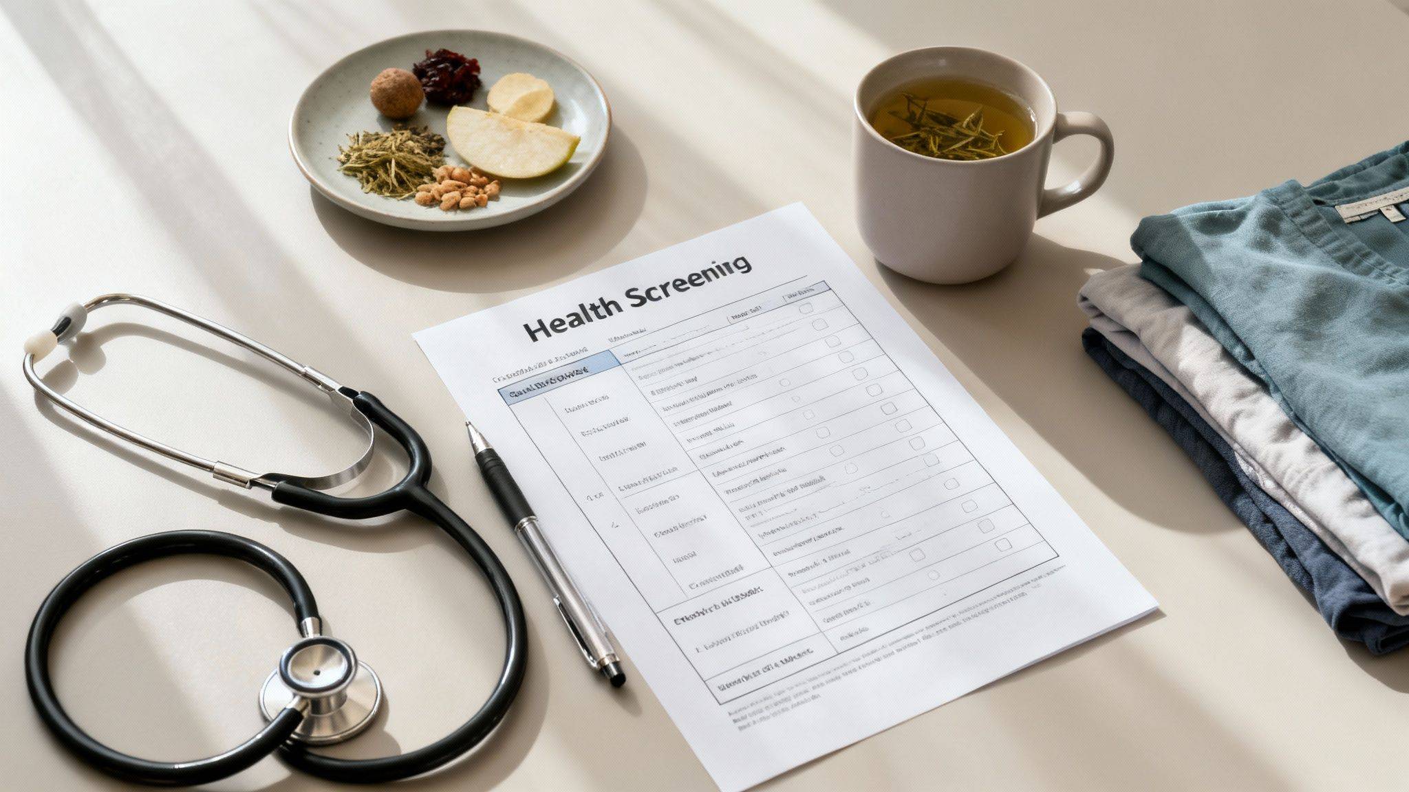 A health screening form, stethoscope, pen, healthy snacks, and a cup of tea on a table.
