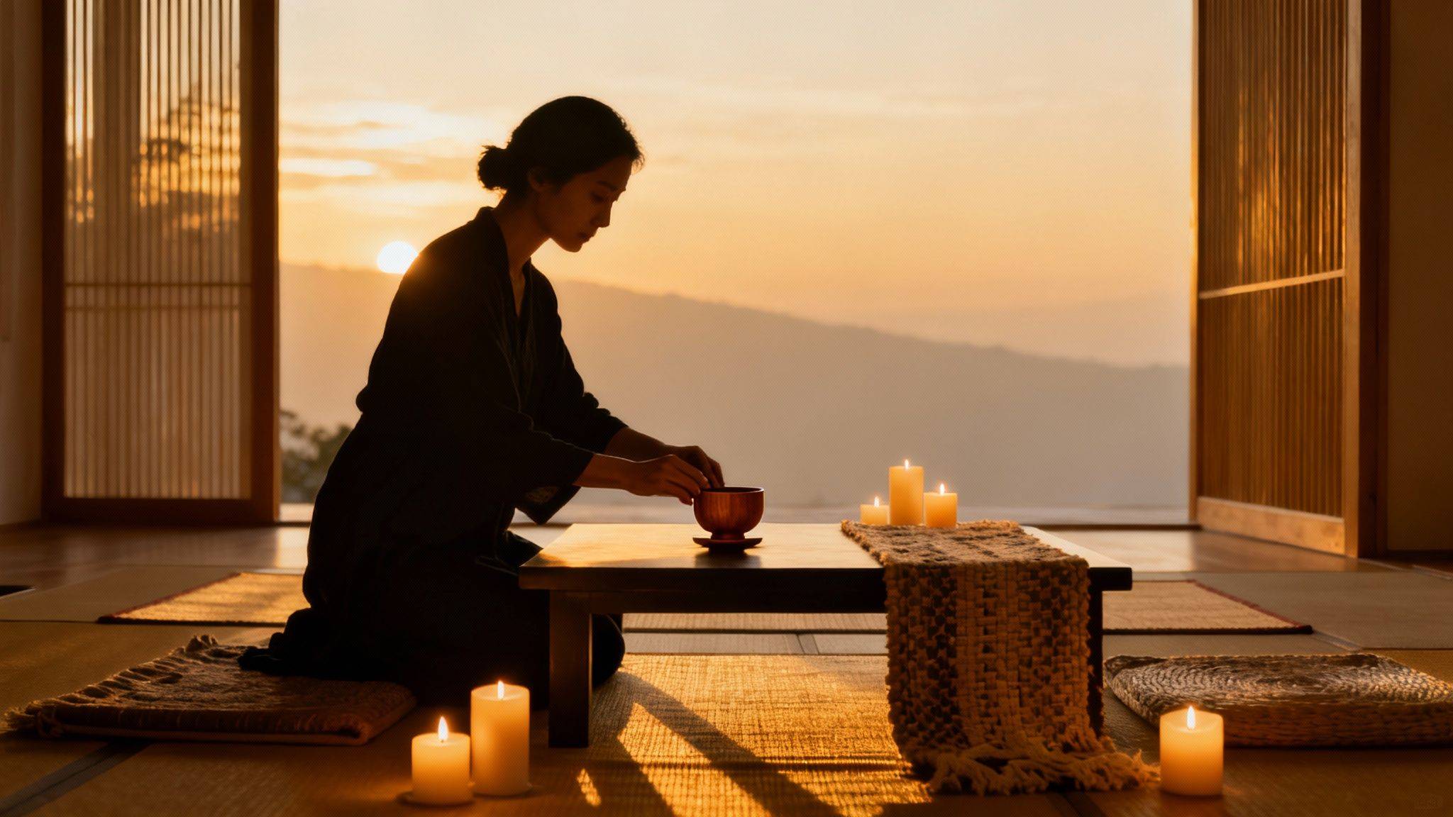 Silhouette of a woman performing a spiritual ritual at sunset, surrounded by candles.