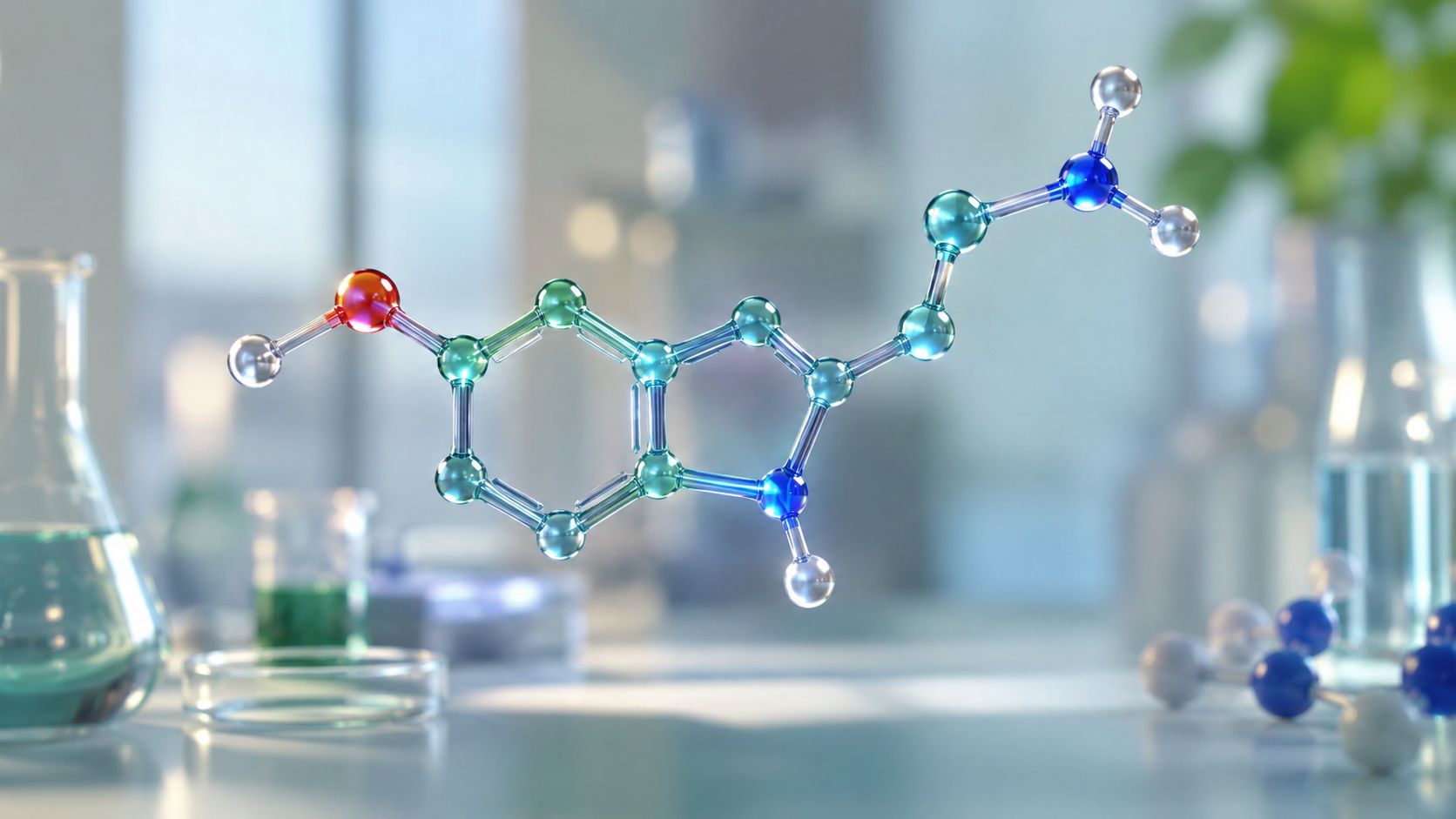 A detailed 3D molecular model of a chemical compound floating in a professional laboratory setting.