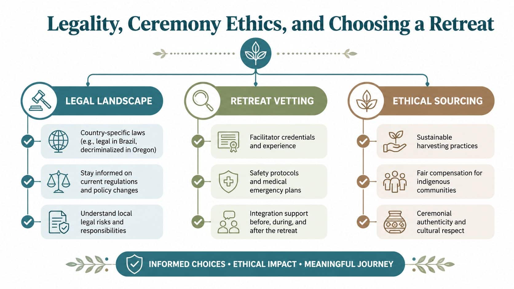 An infographic titled Legality, Ceremony Ethics, and Choosing a Retreat, outlining steps for selecting a safe retreat.