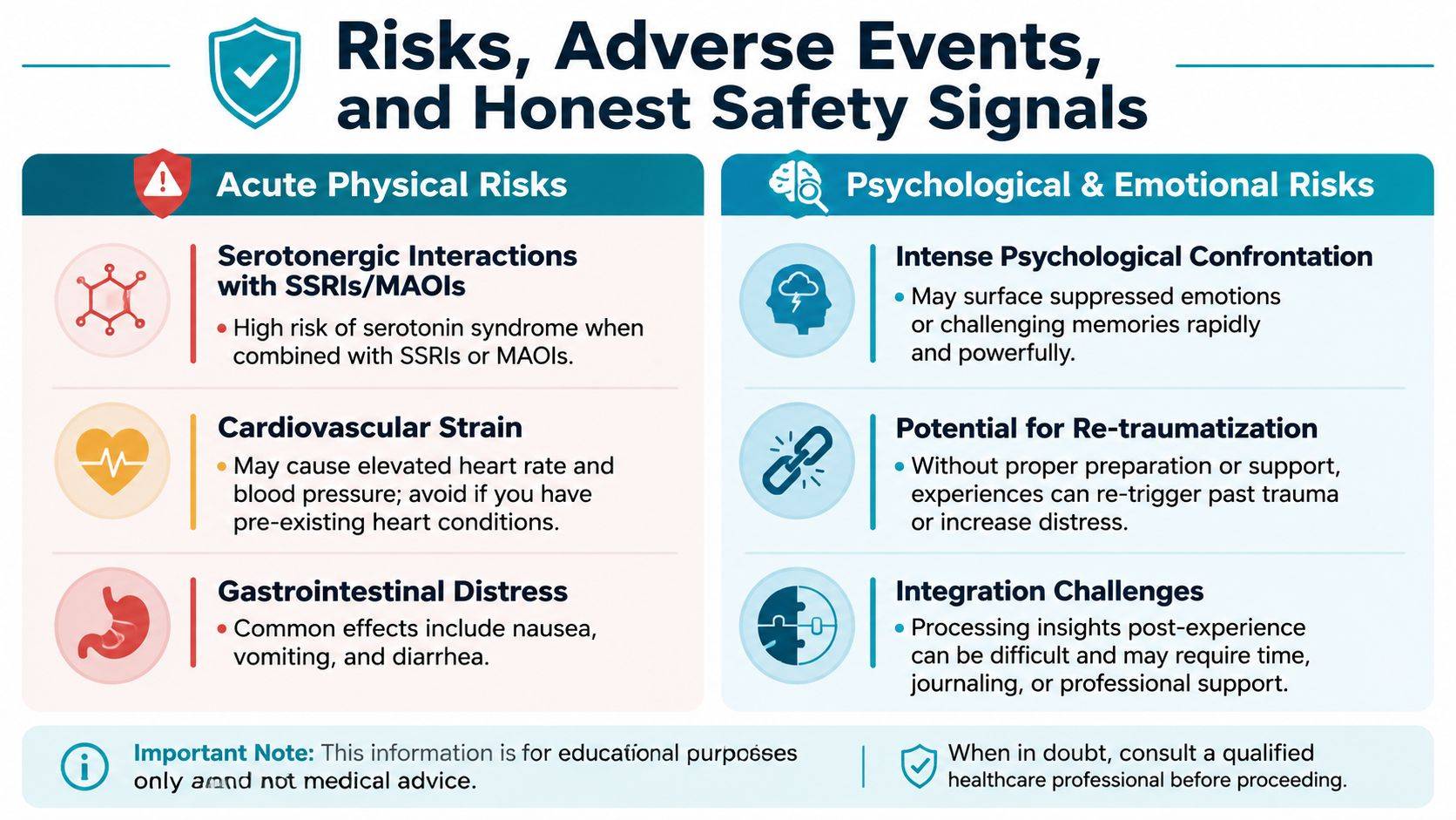 A safety infographic detailing acute physical and psychological risks associated with Amazonian plant medicine usage.
