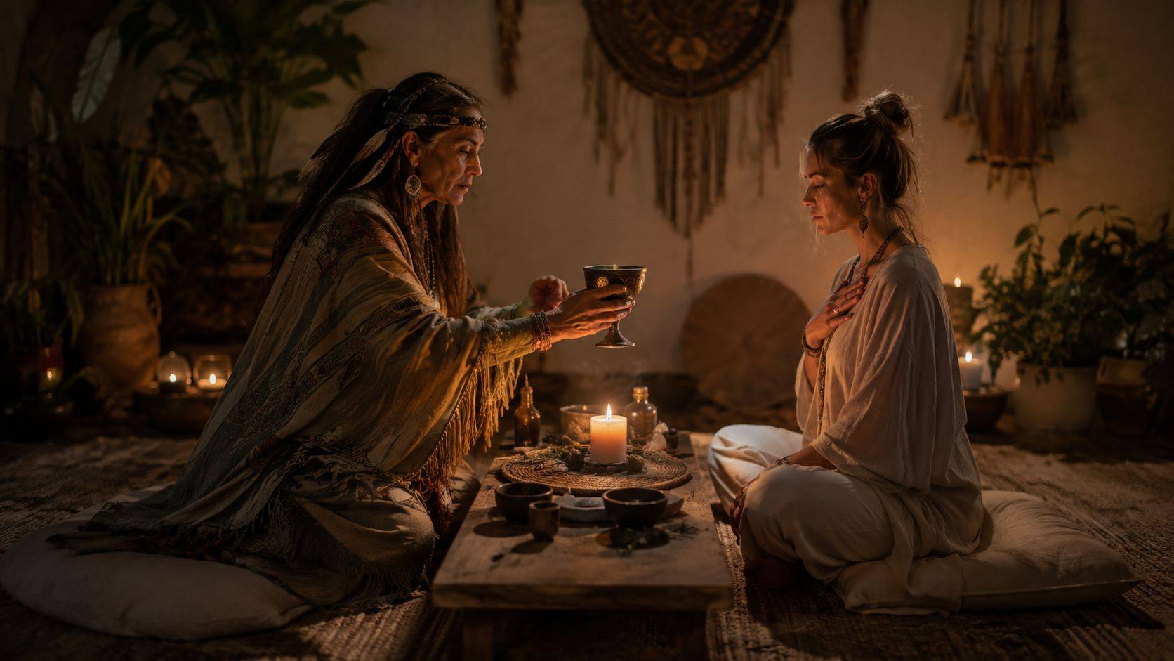A spiritual healer holds a ceremonial cup for a woman during an ayahuasca ceremony in a room.