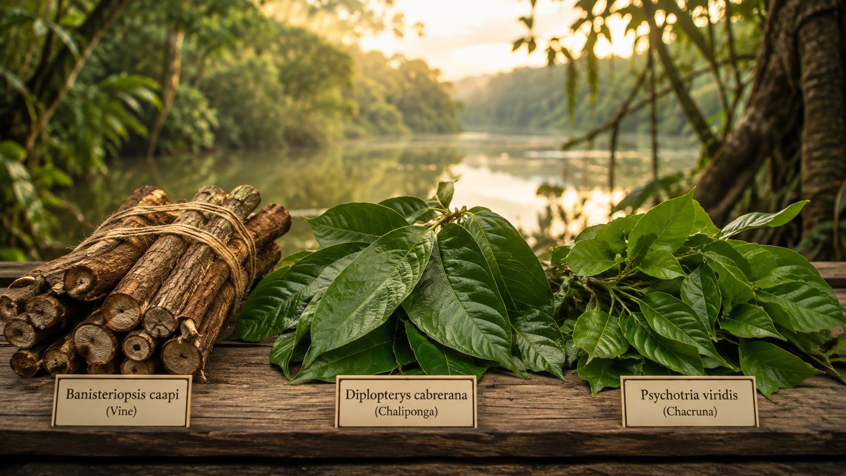 Bundles of Banisteriopsis caapi vine, Diplopterys cabrerana leaves, and Psychotria viridis leaves labeled on a wooden table.