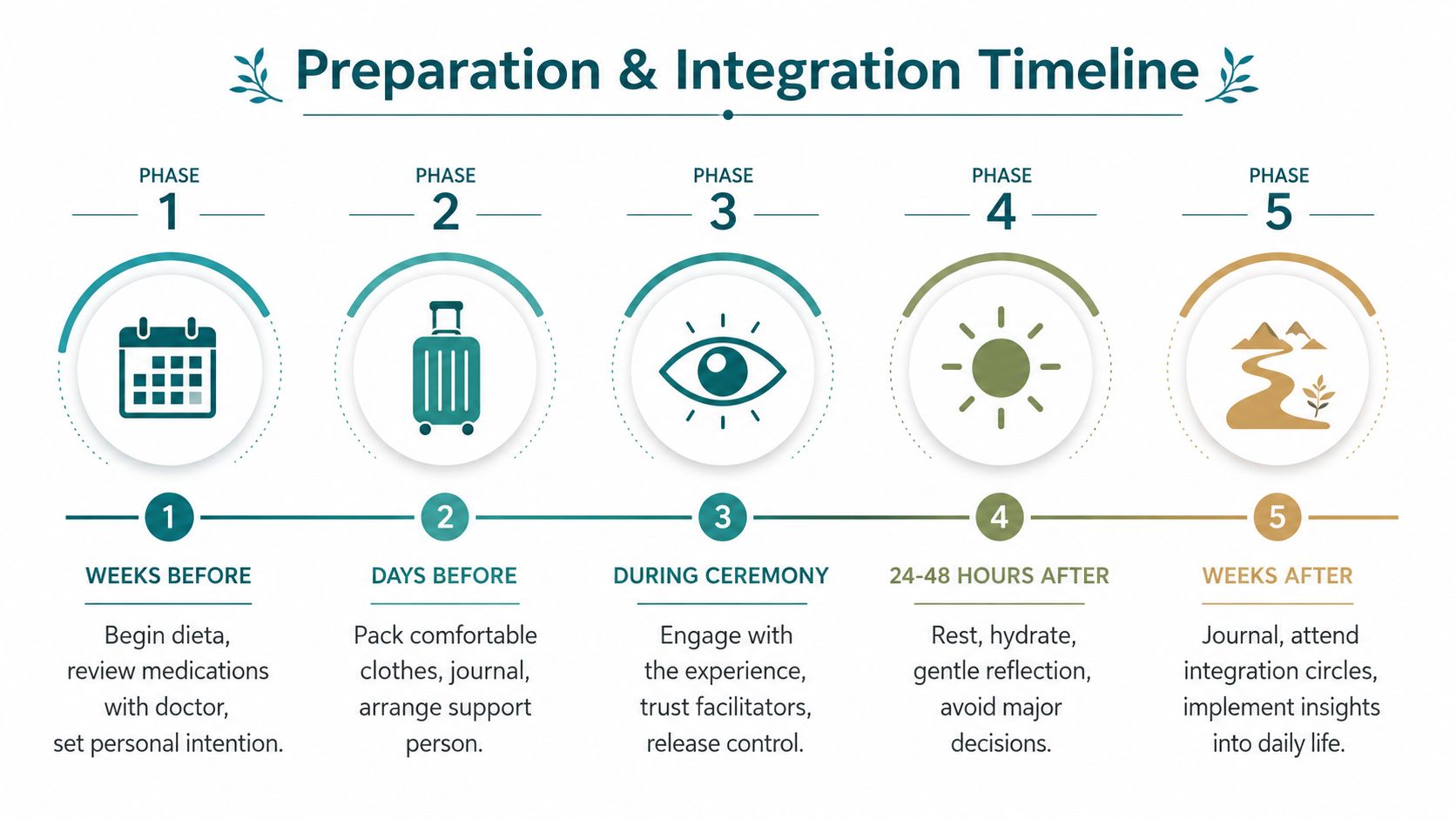 A five-phase timeline infographic guiding individuals through preparation and integration steps for a ceremonial psychedelic experience.