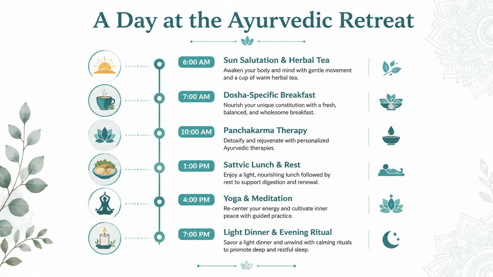 A daily schedule infographic for an Ayurvedic retreat showing activities from 6:00 AM to 7:00 PM.