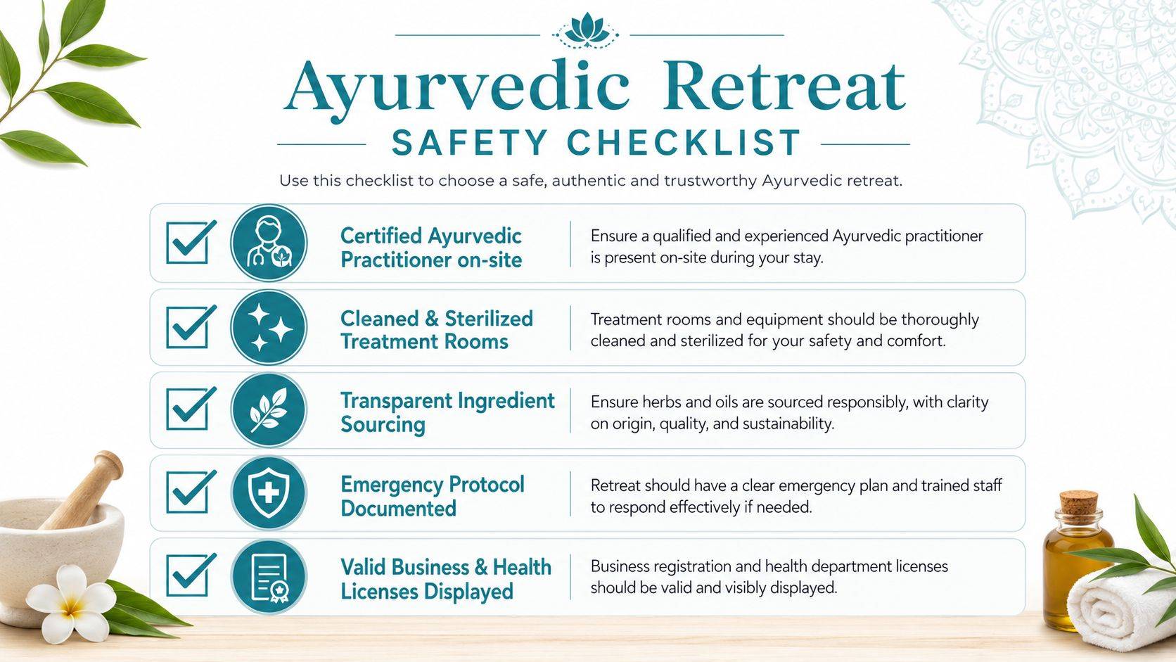 A safety checklist infographic for selecting an authentic and secure Ayurvedic health retreat with five essential criteria.