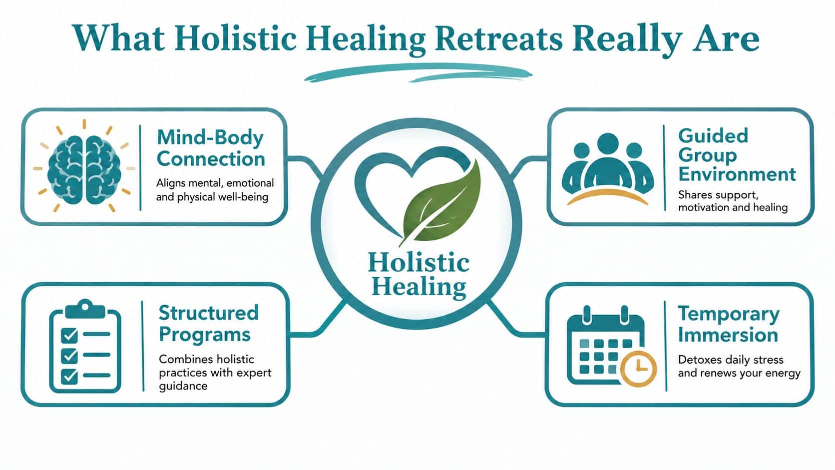 A graphic diagram explaining the core concepts of holistic healing retreats, including mind-body connection, group settings, and immersion.