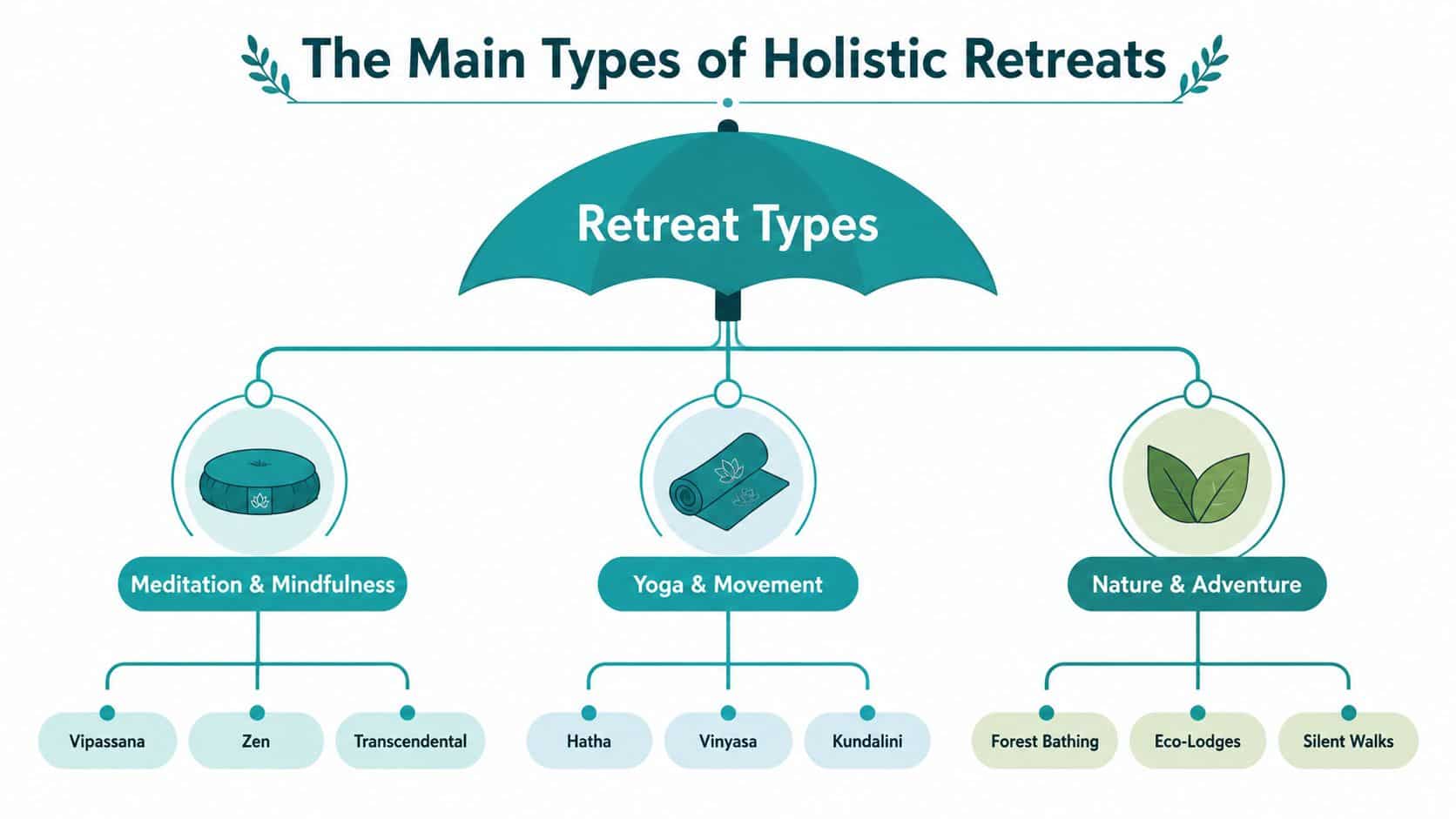 A diagram illustrating the main categories of holistic retreats including meditation, yoga, and nature activities.