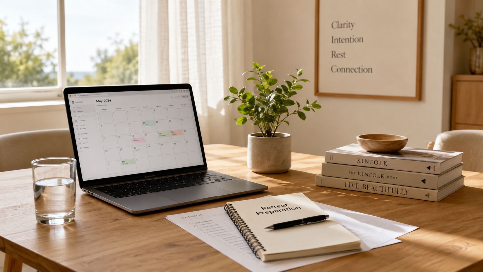 A clean, modern home office desk featuring a laptop calendar, a notebook for retreat preparation, and books.