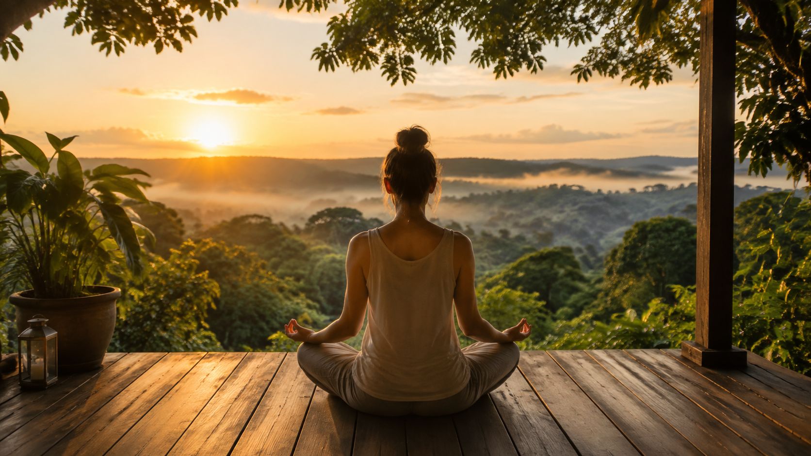 A woman meditating on a wooden deck overlooking a misty rainforest landscape during a beautiful sunrise.