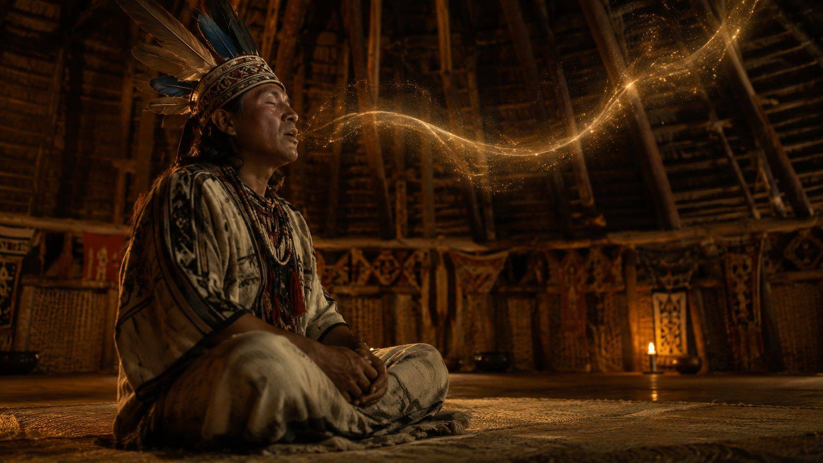 An indigenous shaman in traditional clothing and headdress sits in meditation inside a dim wooden hut.
