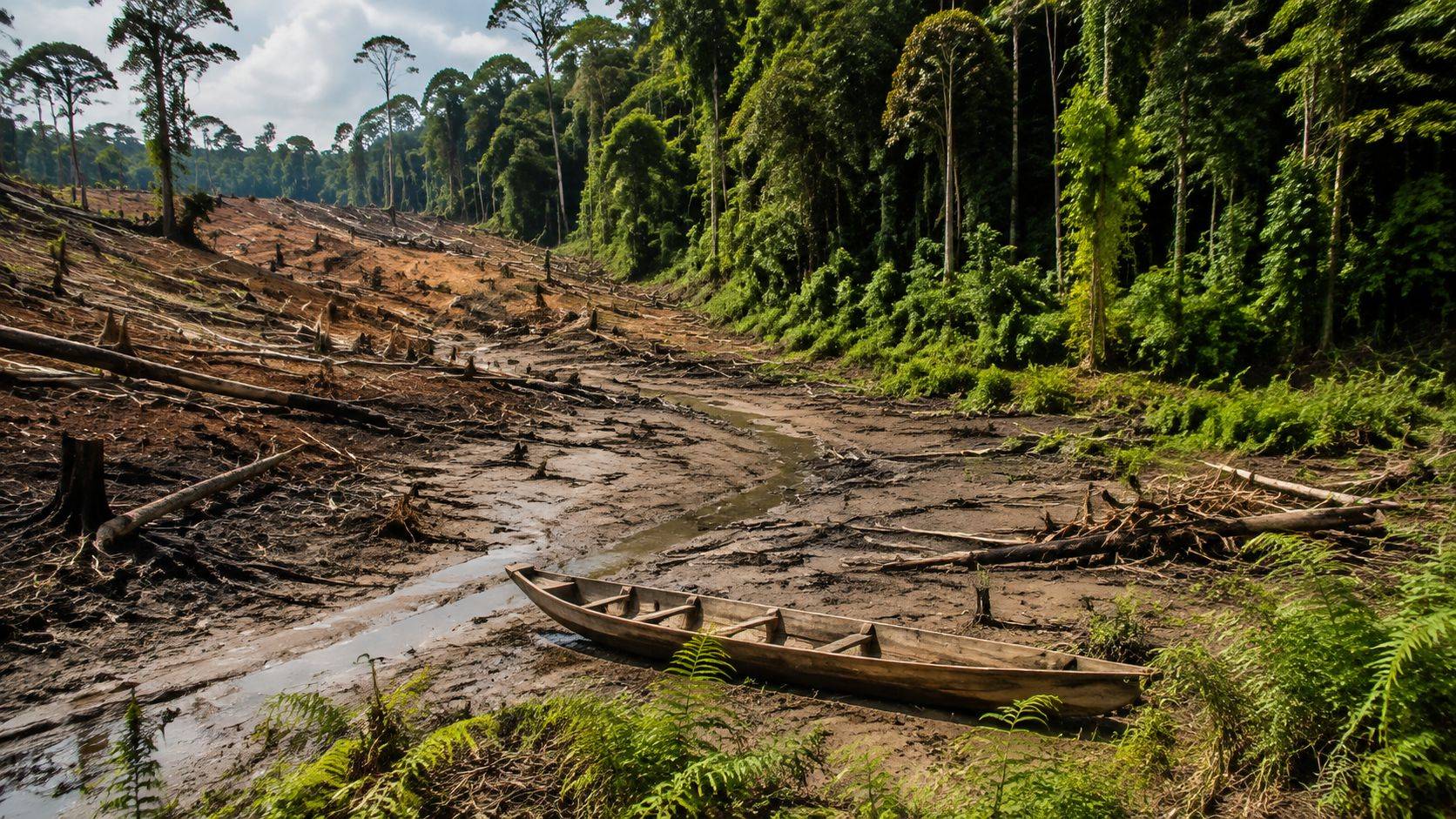 A wooden canoe stranded in a dried-up riverbed near a deforested area of the Amazon rainforest.