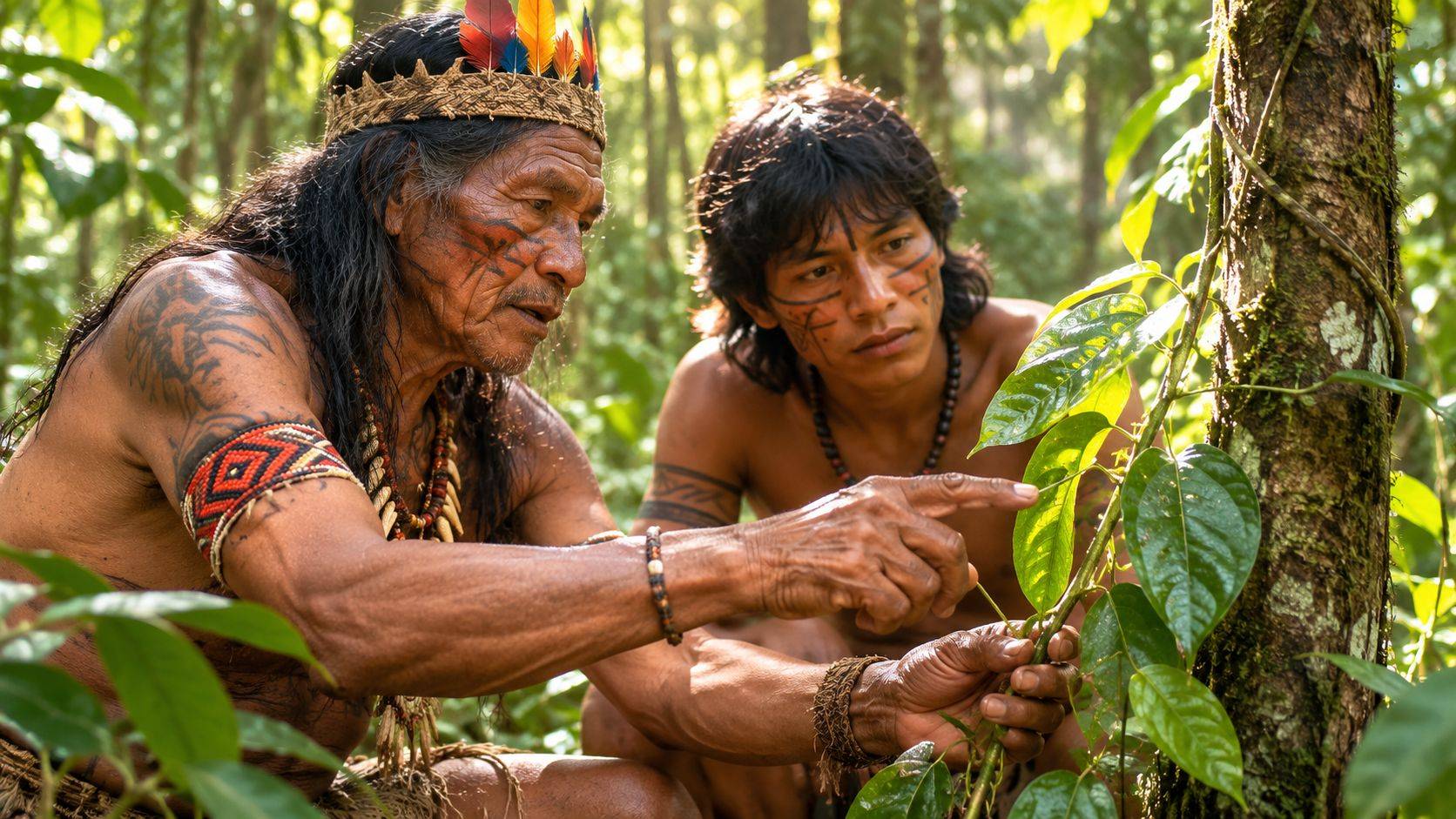An indigenous man teaching a younger man about a medicinal plant in the Amazon rainforest.