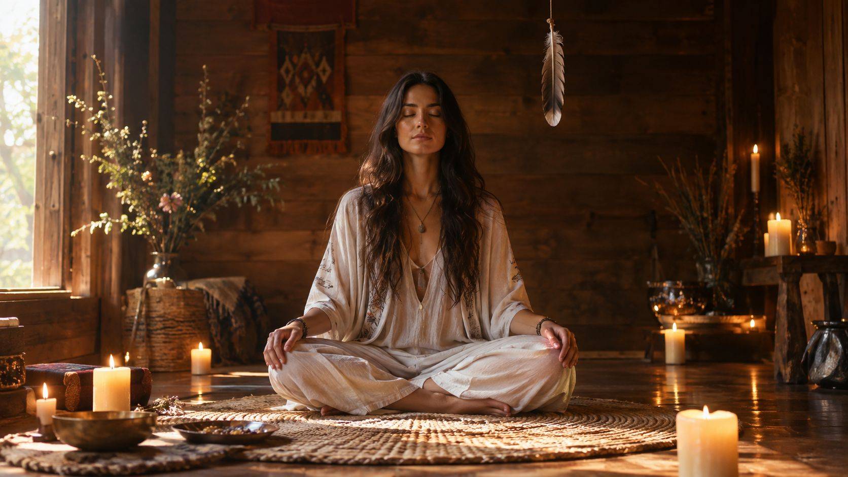 A serene woman meditating in a rustic wooden room filled with soft candlelight and natural spiritual decor.