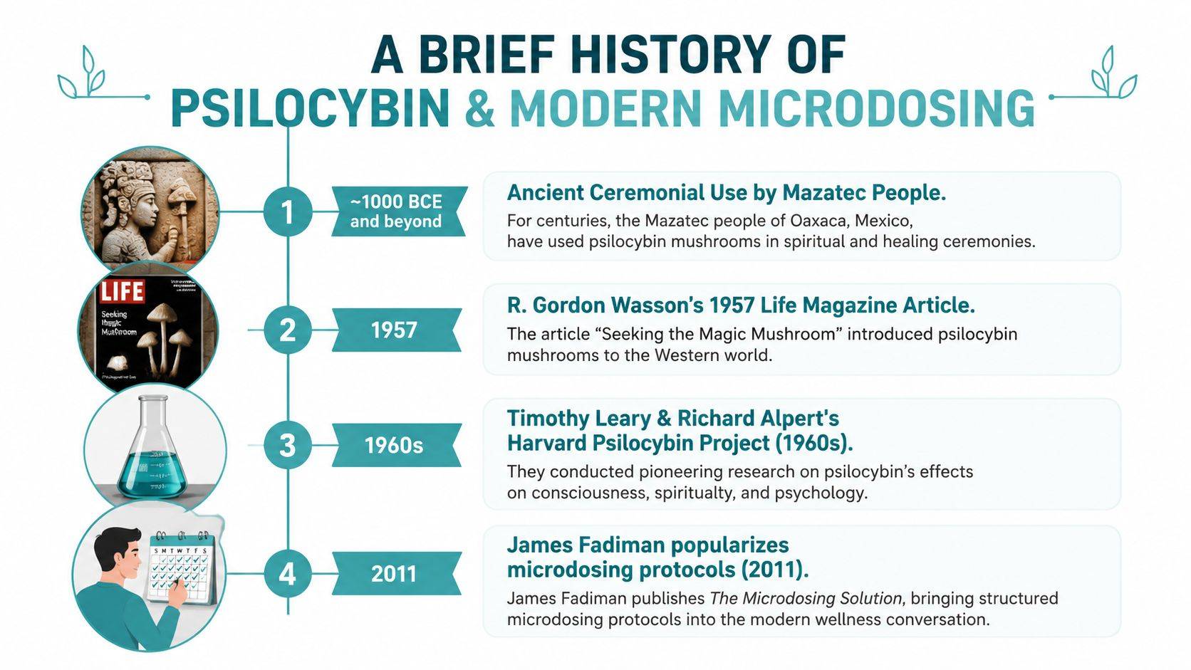 A timeline graphic illustrating the history of psilocybin and modern microdosing from ancient times to 2011.
