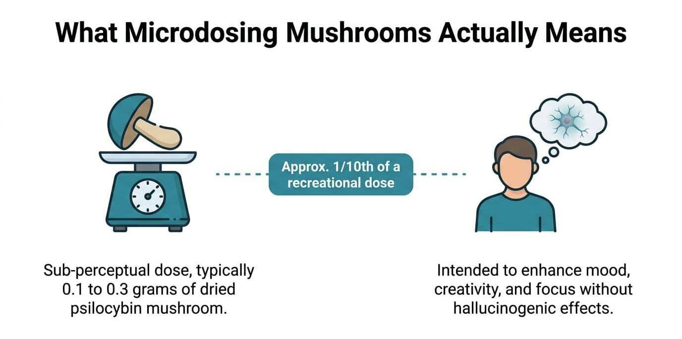 An infographic explaining microdosing mushrooms as a small, sub-perceptual dose intended to enhance focus and creativity.
