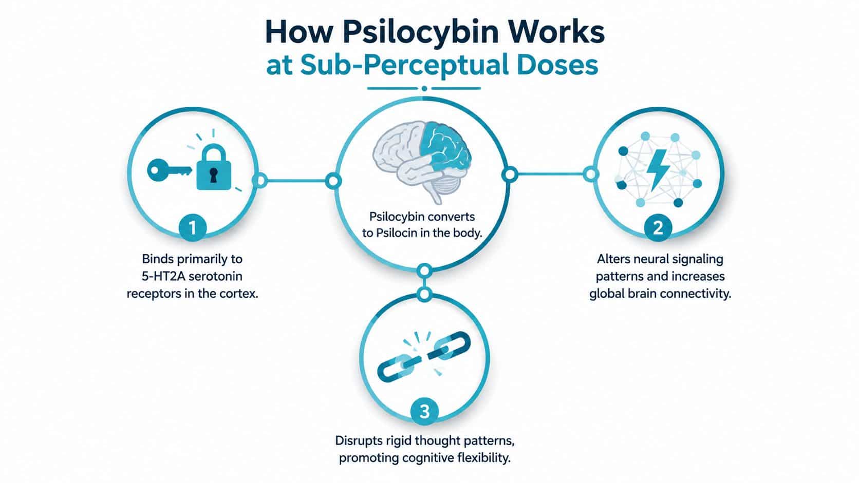An infographic detailing how psilocybin works in the brain at sub-perceptual doses through three key steps.