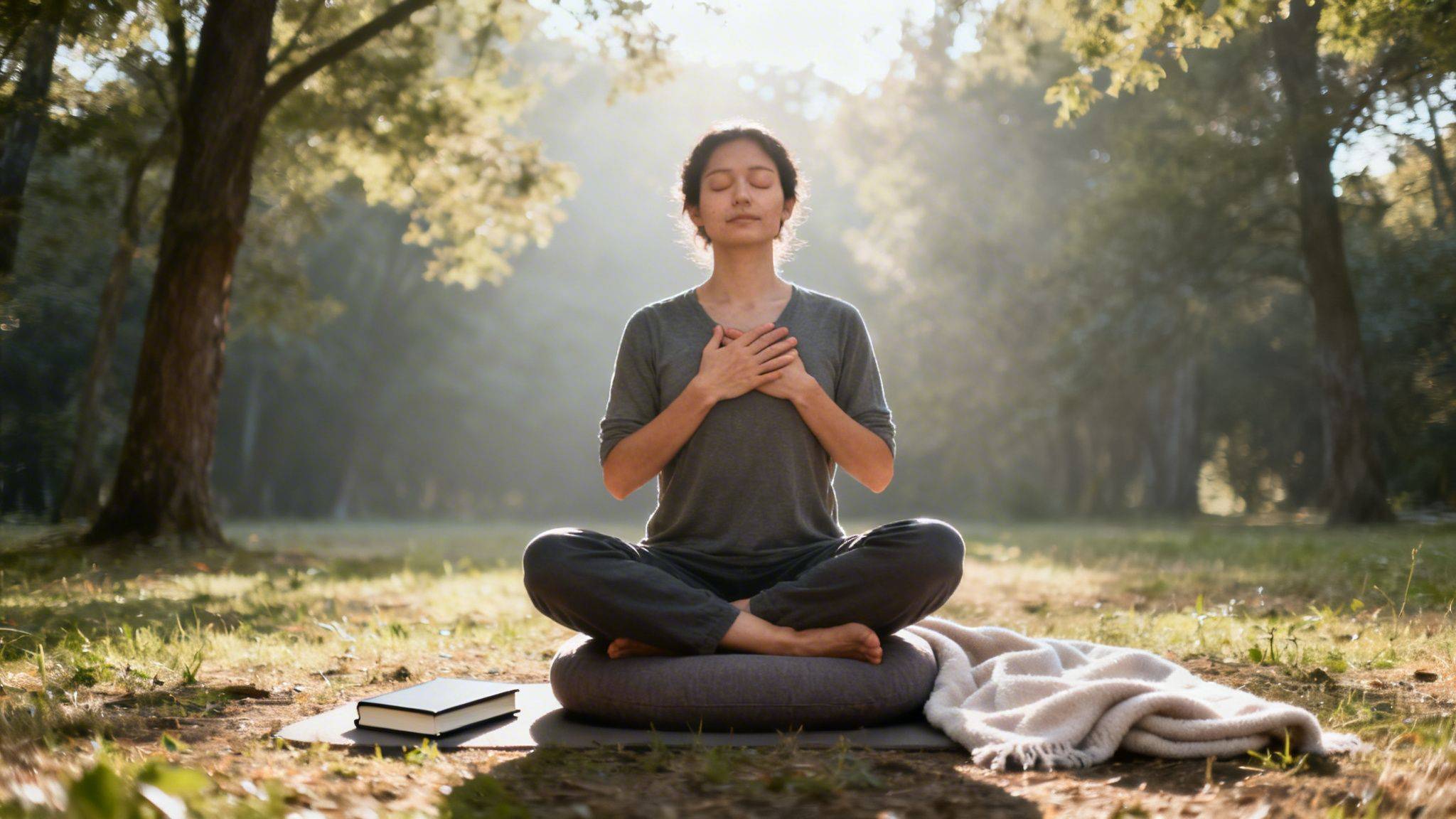 A person meditates in a sunny park, sitting cross-legged on a cushion with hands on their chest, eyes closed.