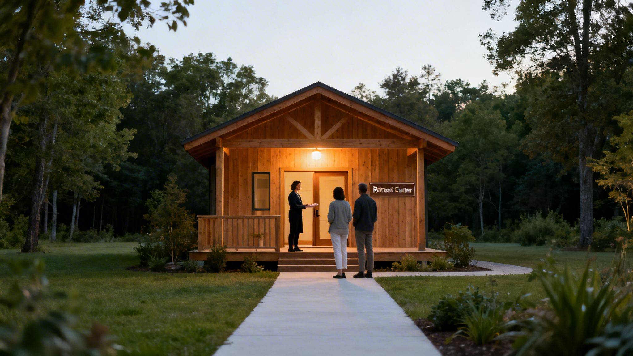 A host welcomes a couple to a cozy wooden retreat center at dusk, surrounded by lush trees.
