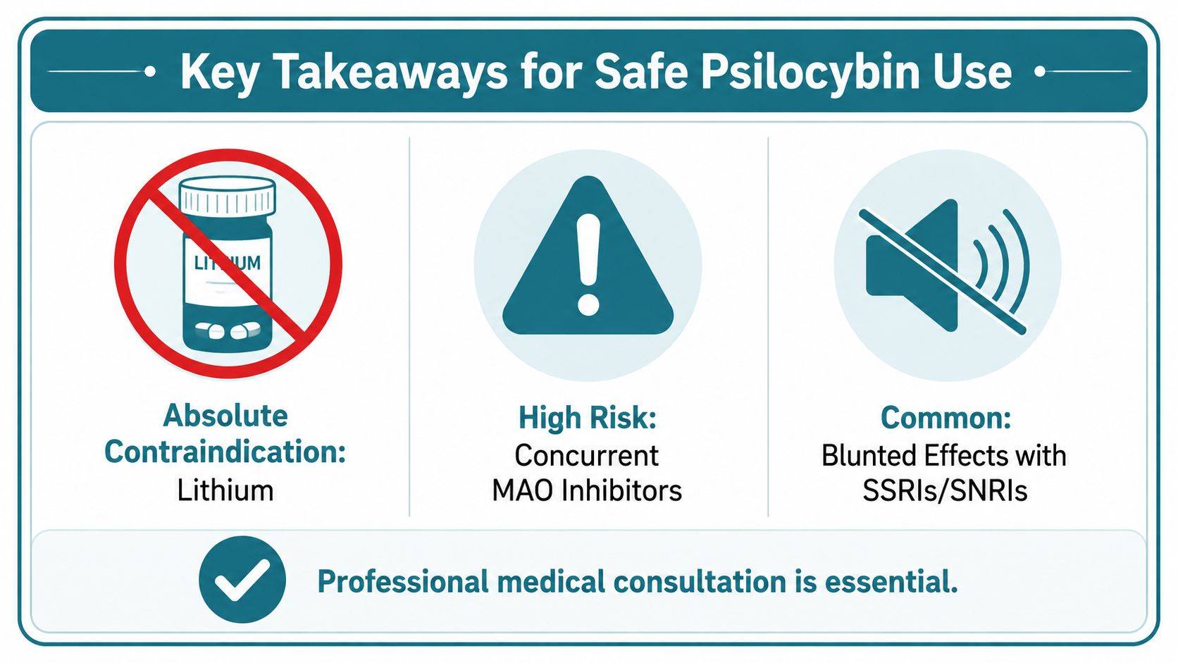 A safety infographic highlighting contraindications and risks when using psilocybin alongside lithium, MAO inhibitors, SSRIs, or SNRIs.