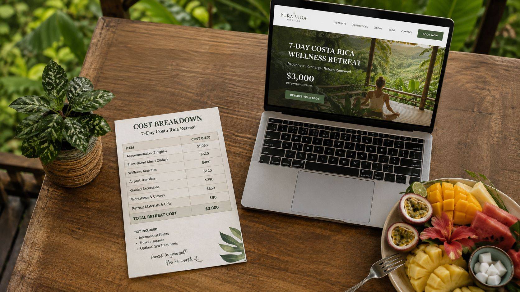 A laptop showing a Costa Rica wellness retreat webpage beside a cost breakdown sheet and fruit platter.