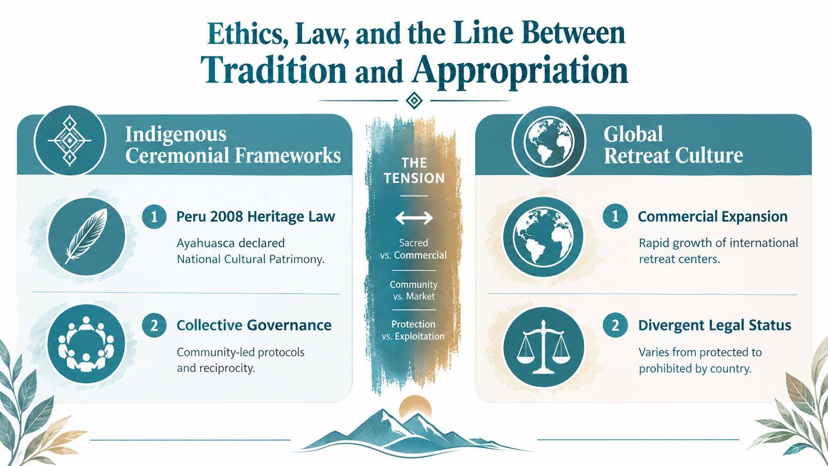 An infographic titled Ethics, Law, and the Line Between Tradition and Appropriation contrasting Indigenous frameworks with global retreat culture.