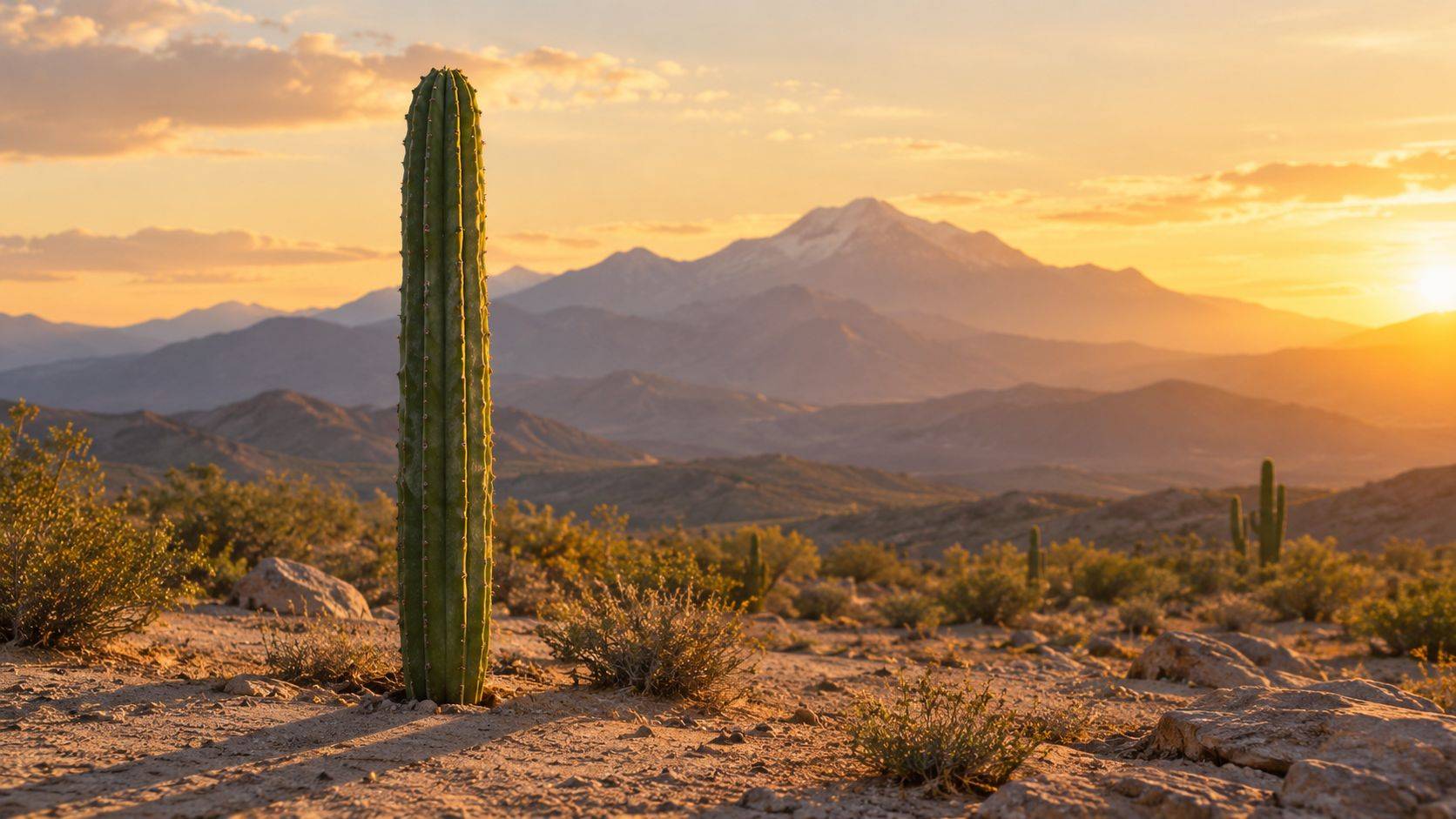 A towering San Pedro cactus stands in a vast, arid desert landscape during a vibrant golden sunset.