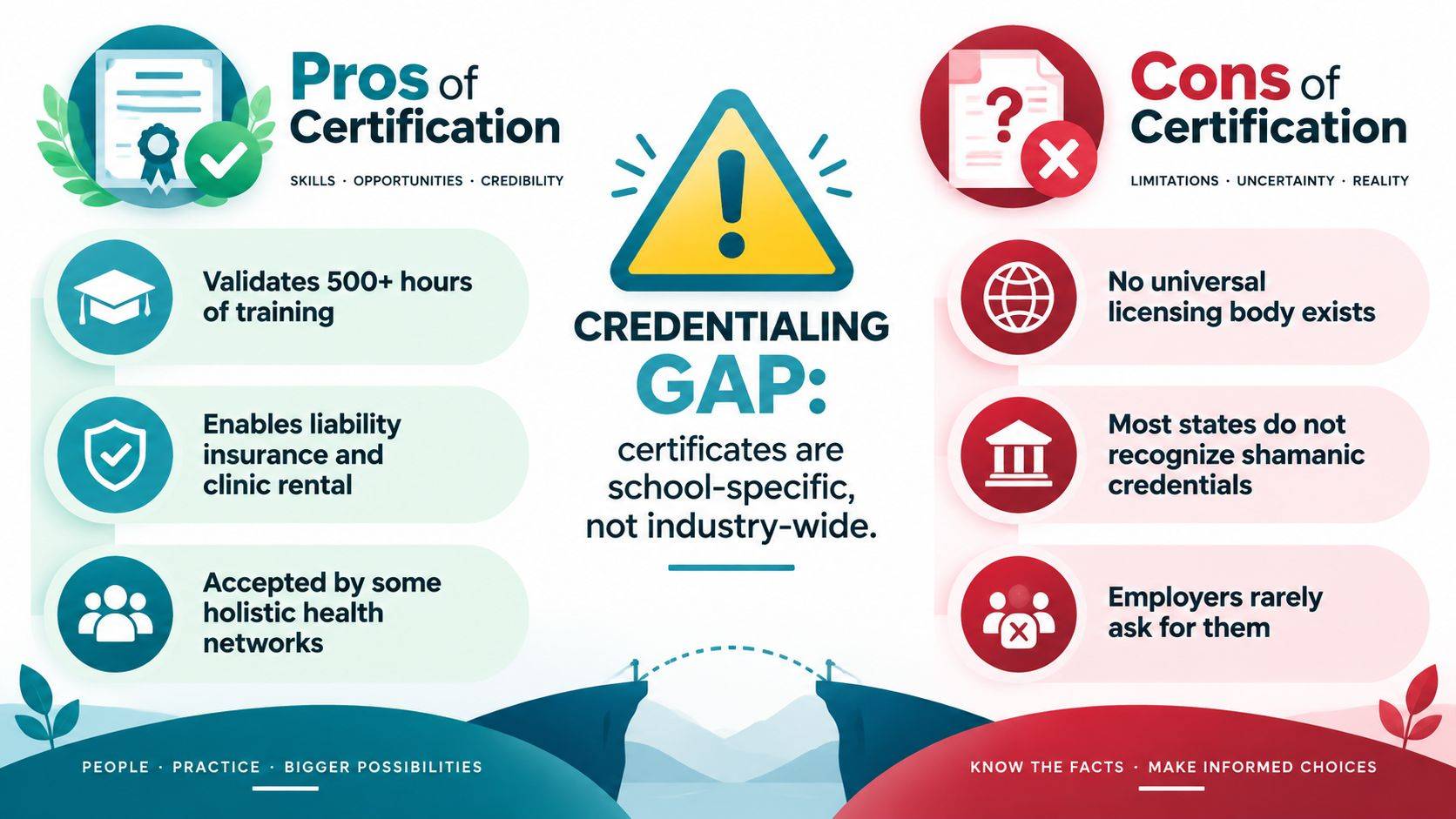 An infographic comparing the pros and cons of shamanic practitioner certification with a central credentialing gap warning.