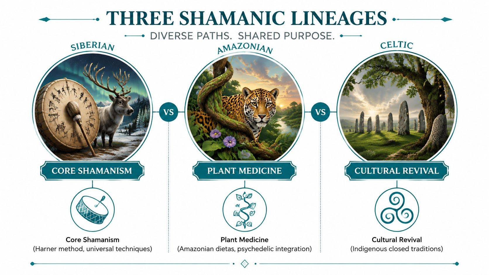Shamanic Practitioner Training. A comparison chart showing three shamanic lineages: Siberian core shamanism, Amazonian plant medicine, and Celtic cultural revival.