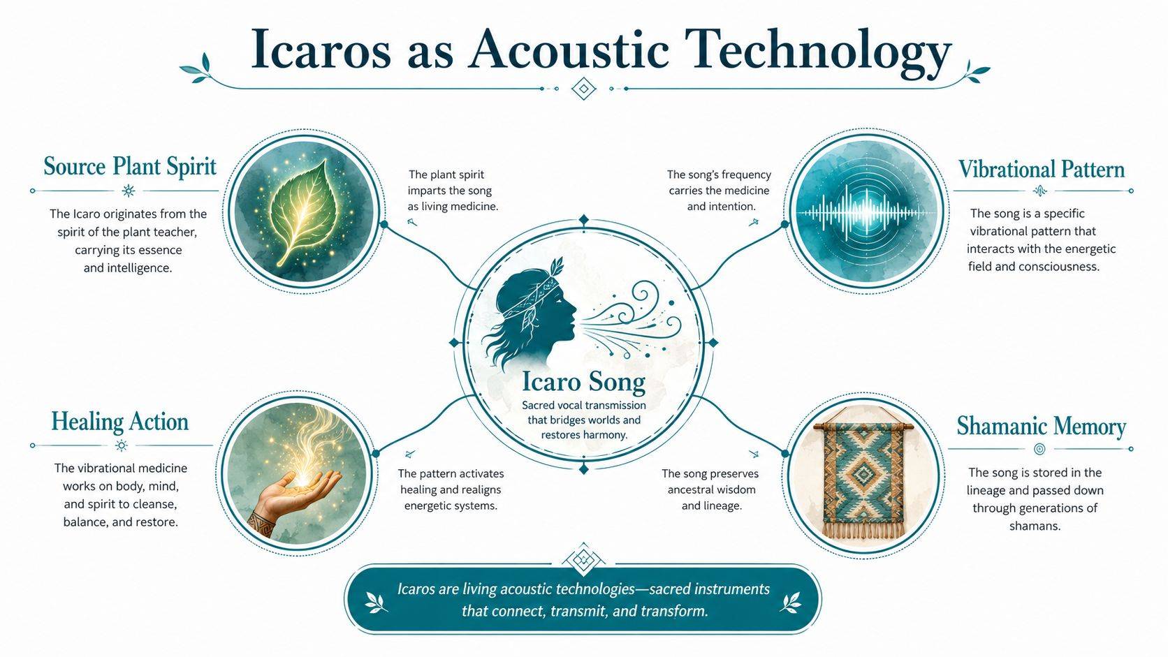 A diagram explaining Icaros as acoustic technology, detailing plant spirit, vibrational patterns, healing action, and shamanic memory.