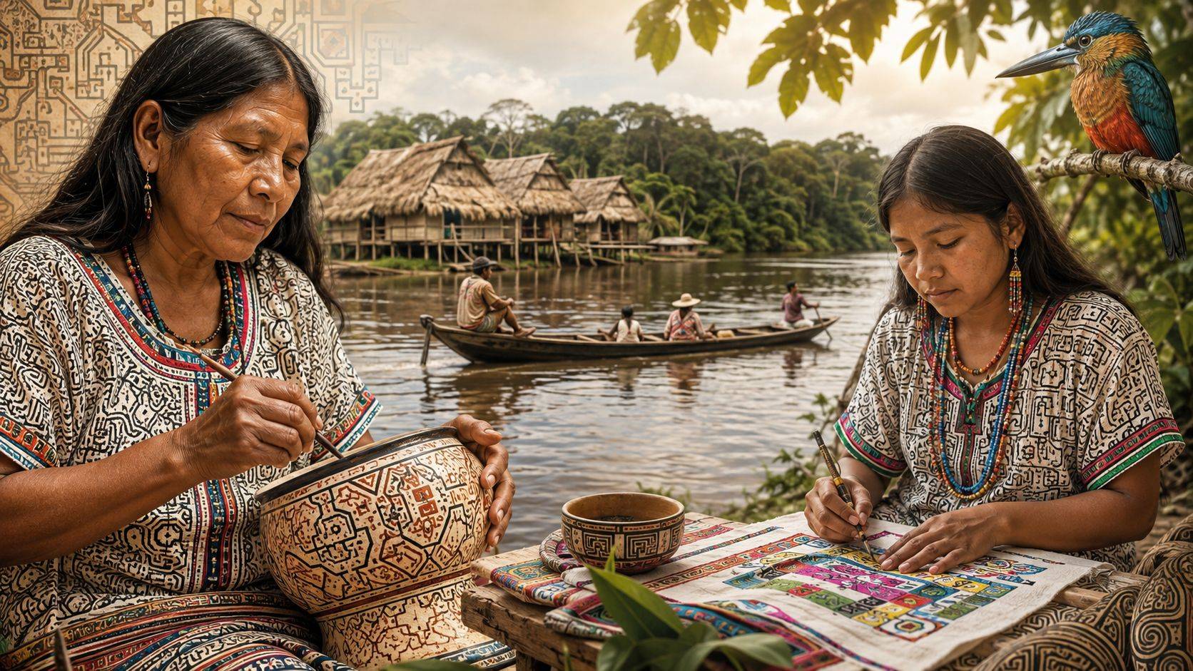 Two Shipibo Shaman women creating intricate traditional patterns on ceramics and fabric by a river in Peru.