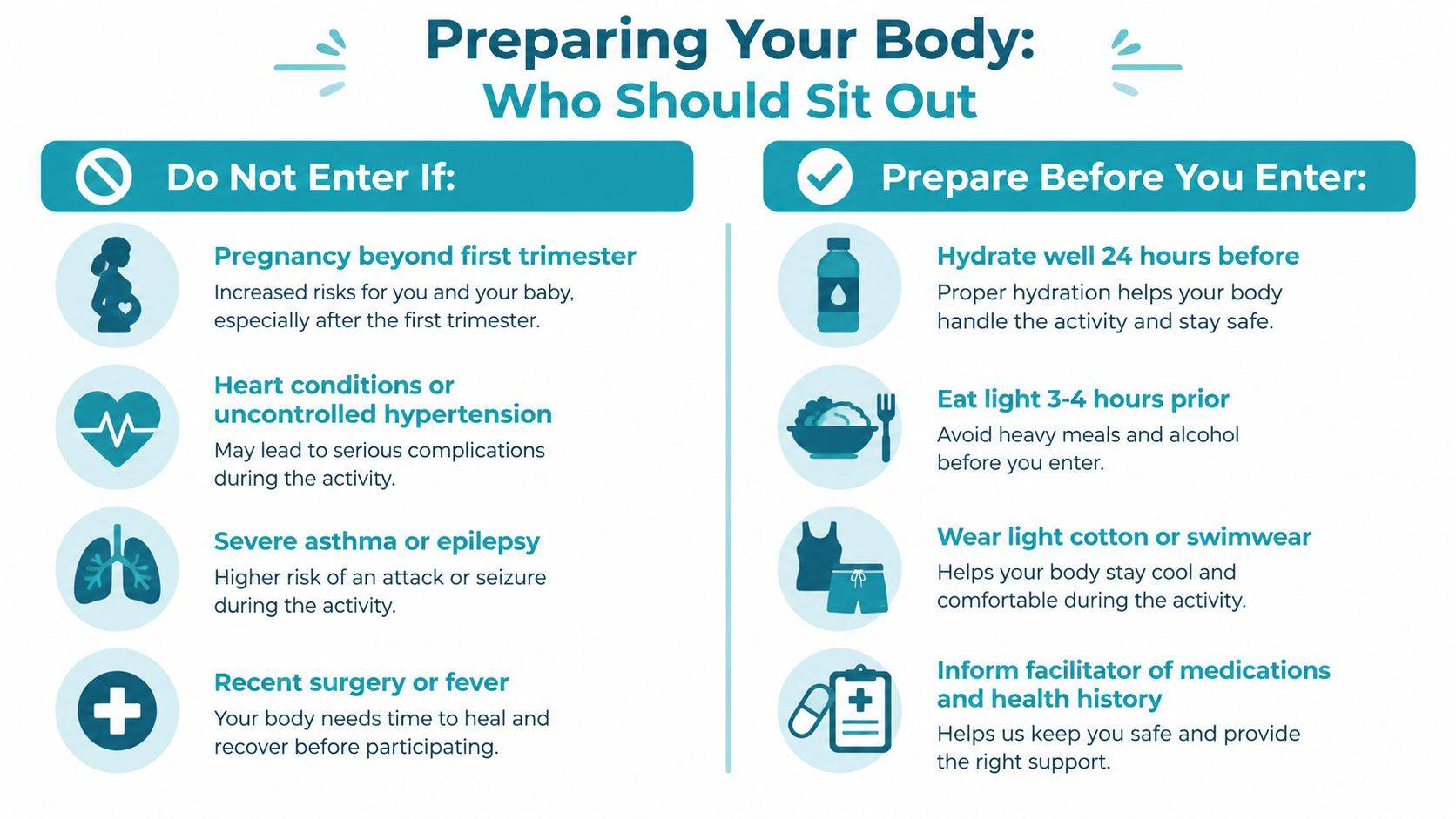 A safety infographic titled Preparing Your Body explaining health restrictions and hydration tips for a temazcal ceremony.