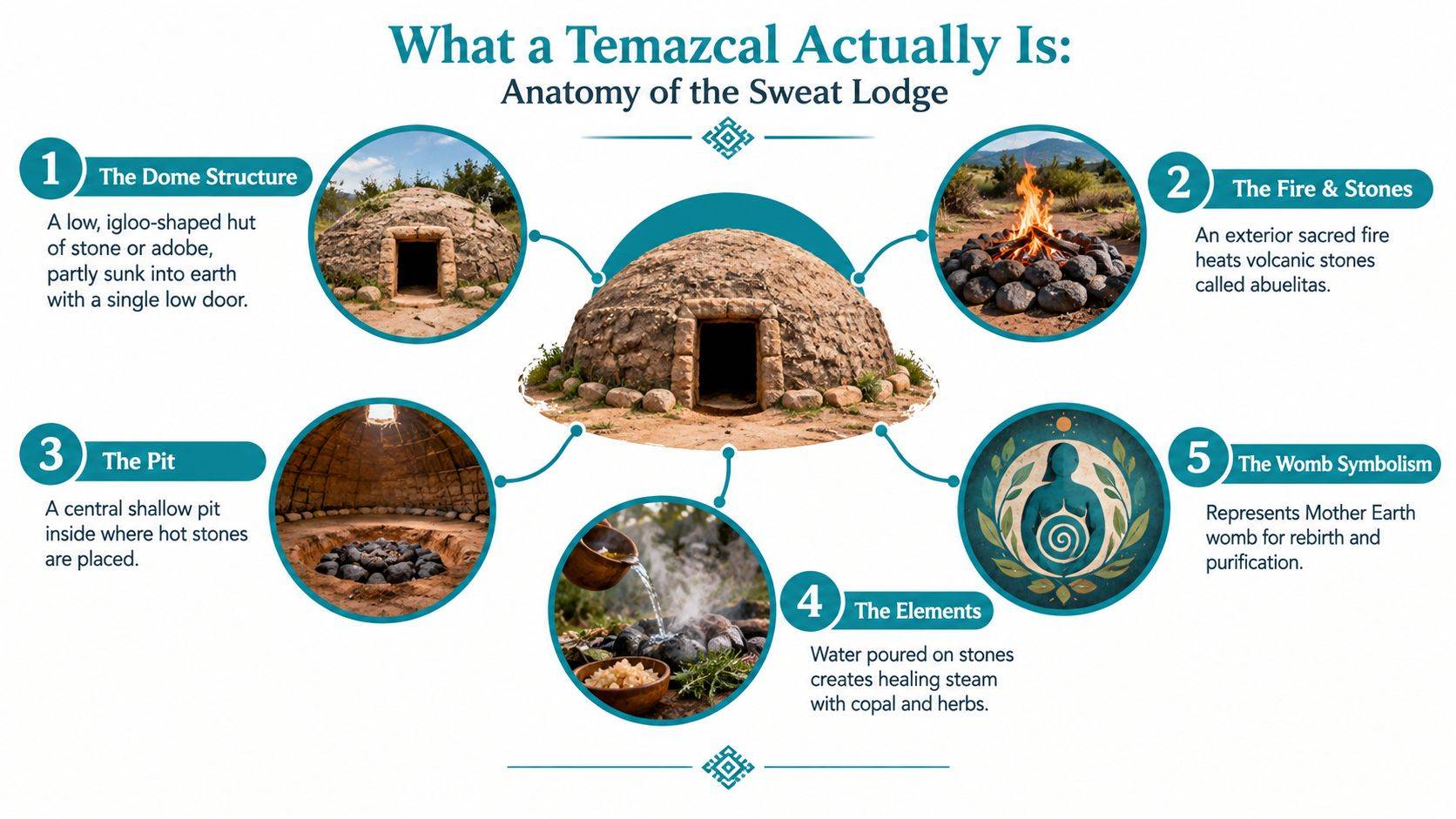 An infographic diagram explaining the anatomy of a traditional Mexican Temazcal sweat lodge structure and its symbolism.