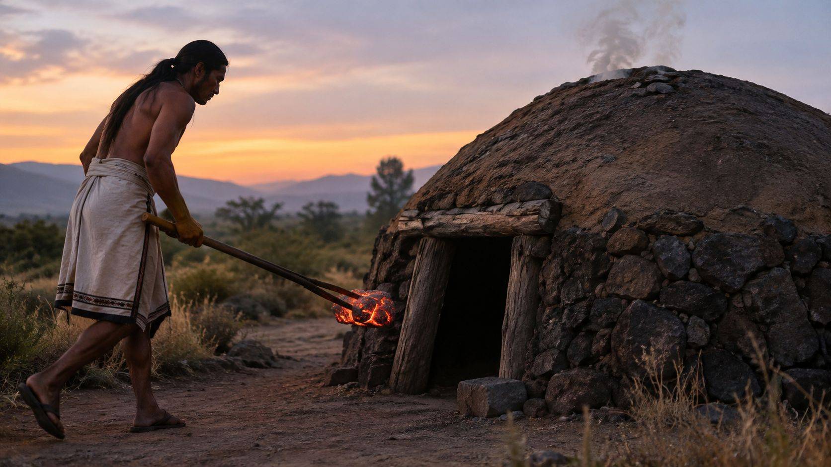 An indigenous person holding a glowing hot stone with tongs near a traditional stone temazcal sweat lodge.