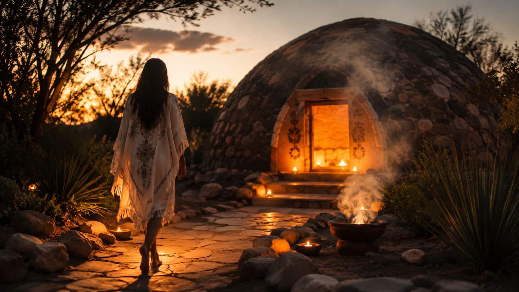 A woman walks toward a stone temazcal sweat lodge illuminated by warm candlelight at sunset.