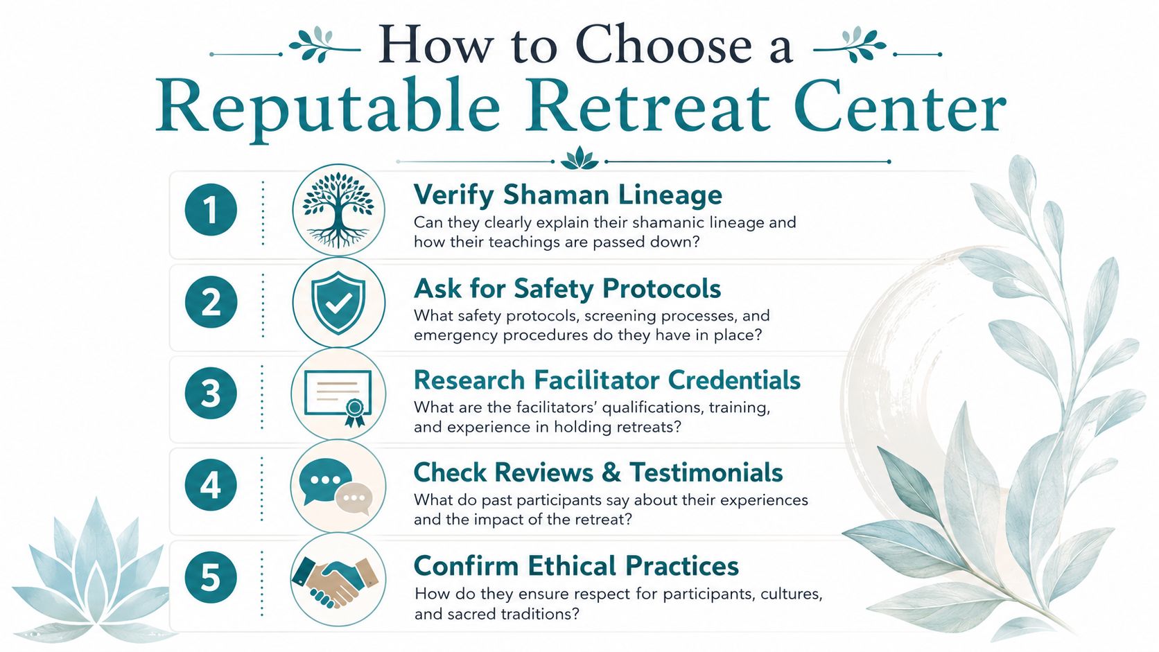An infographic titled How to Choose a Reputable Retreat Center featuring five numbered steps for selecting safe retreats.