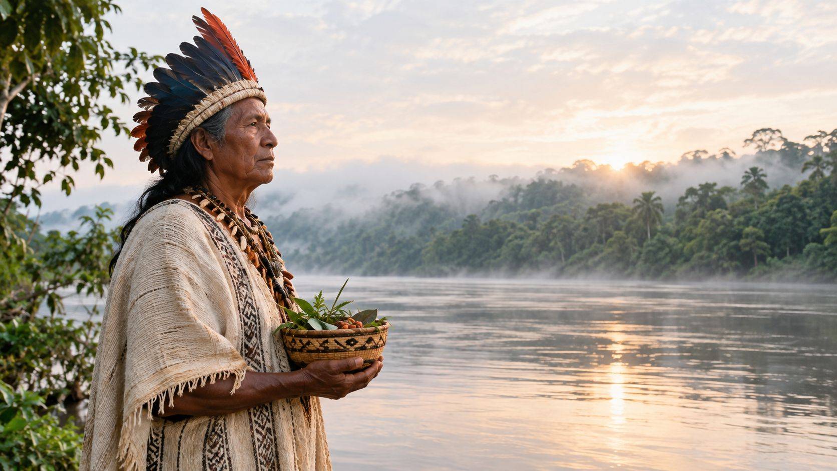 An indigenous elder wearing a traditional feathered headdress holding a basket of plants by a misty river.