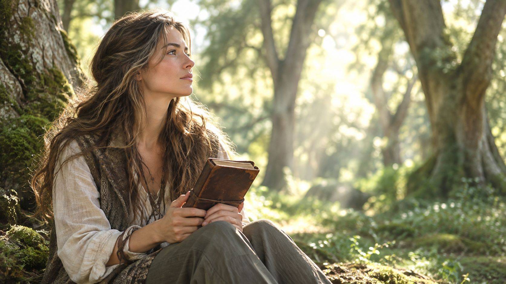 A woman with long wavy hair sits under a tree in a forest, holding an old leather book.